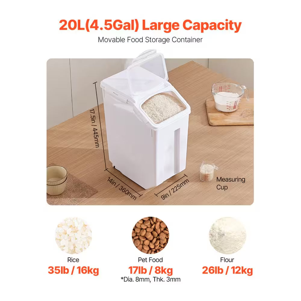Rice Storage Container 4.5 Gal. /20 L Capacity Large Dog Food Dispenser Bin Kitchen Ingredient Grain Cereal Flour Bin