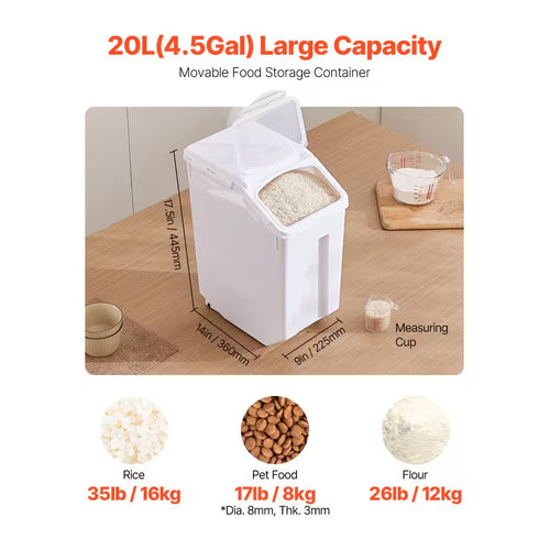 Rice Storage Container 4.5 Gal. /20 L Capacity Large Dog Food Dispenser Bin Kitchen Ingredient Grain Cereal Flour Bin