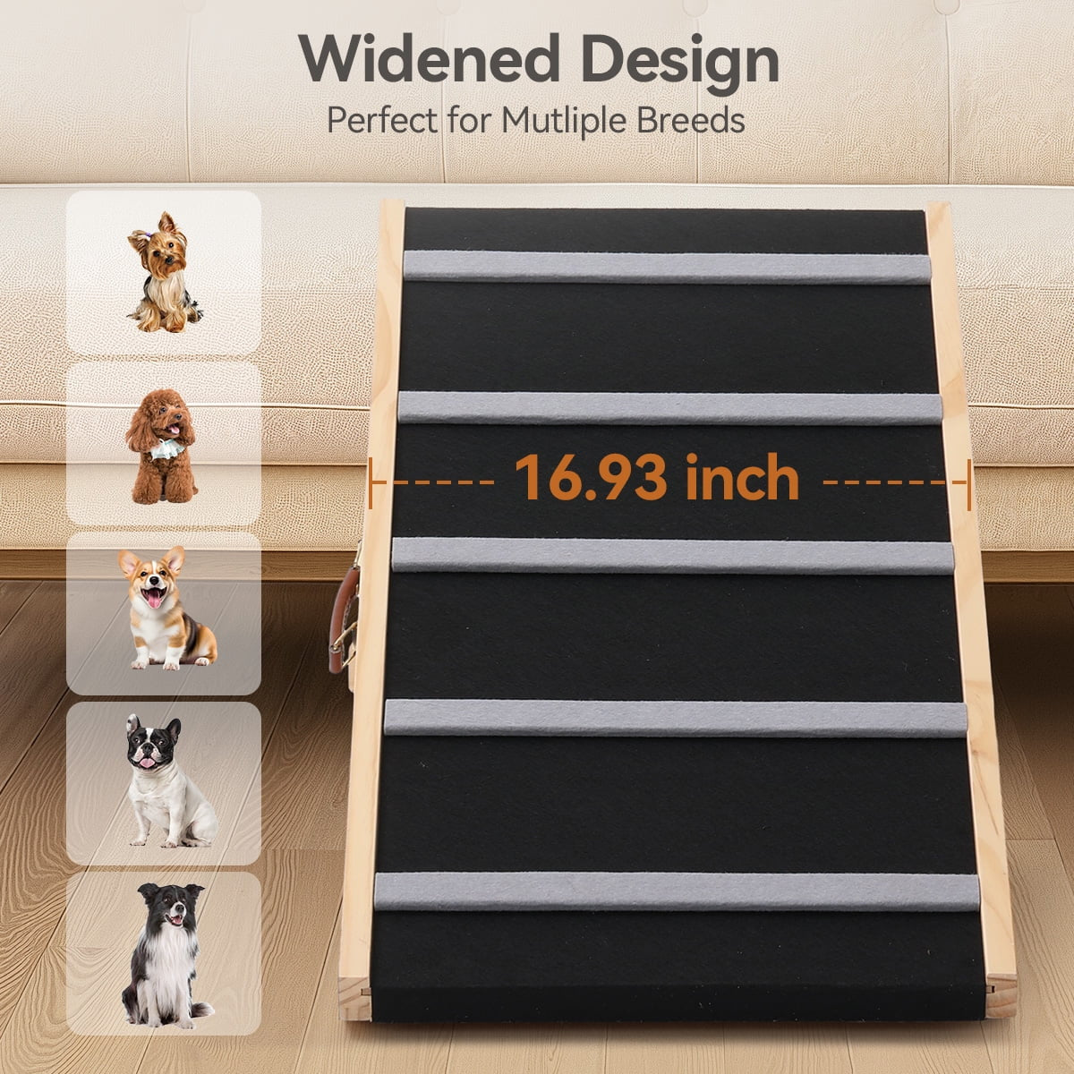 17" Extra Wide Dog Ramp for Couch Bed Car, Adjustable Height Wooden Pet Ramp for Dogs Cats, Stable Foldable Pet Steps (Supports up to 200LBS)